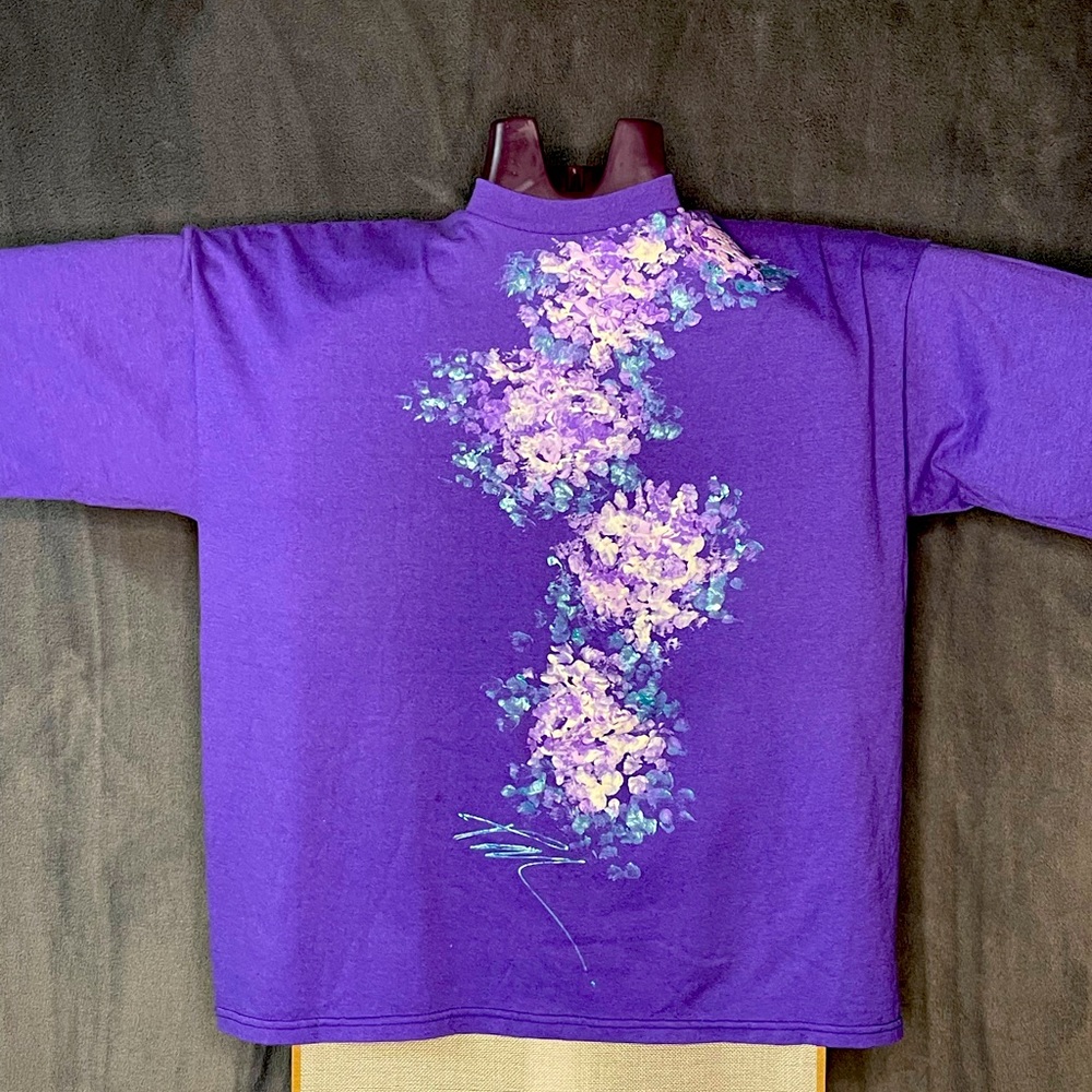 Vintage Sunbelt Sportswear Purple tee with Hand Painted Flowers- One Size